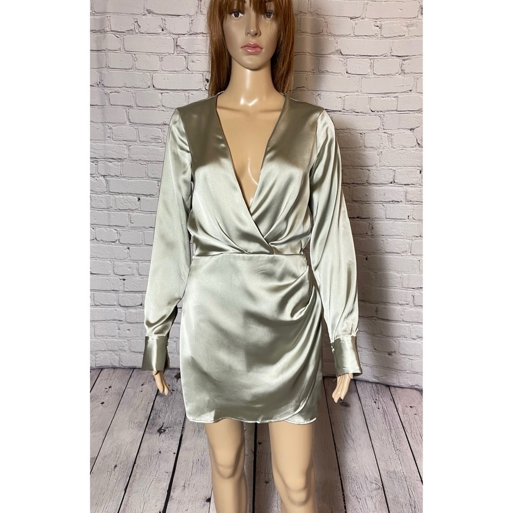 New Zara Wrap Front Satin Long Sleeve Grey Dress Size S - Picture 2 of 12